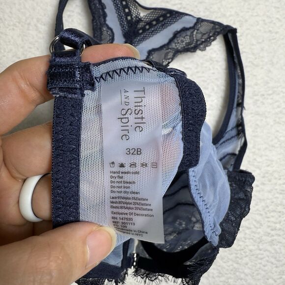 Thistle and Spire Bra Womens 32B Blue Denim Racerback Lace Festival Boudoir Sexy - Picture 5 of 5